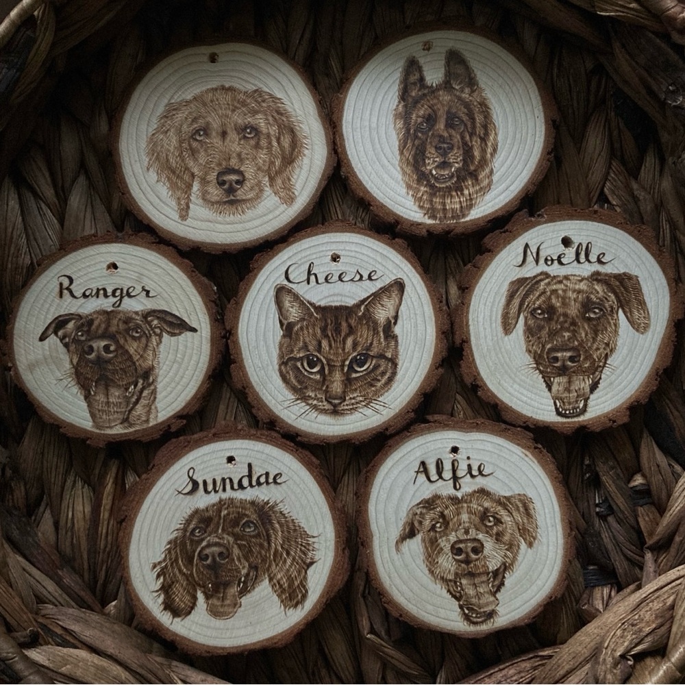 Custom Pet Pyrography Ornament (Hand Wood Burned Art)